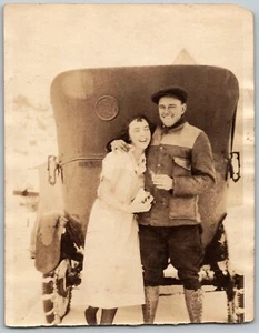 Car In Snow Tire Chains Young Couple Antique Original Photograph - Picture 1 of 2