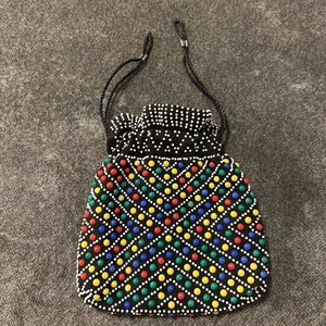 Vintage Beaded Pouch Drawstring Bag Small Purse Sack Colorful Candy Button - Picture 1 of 8