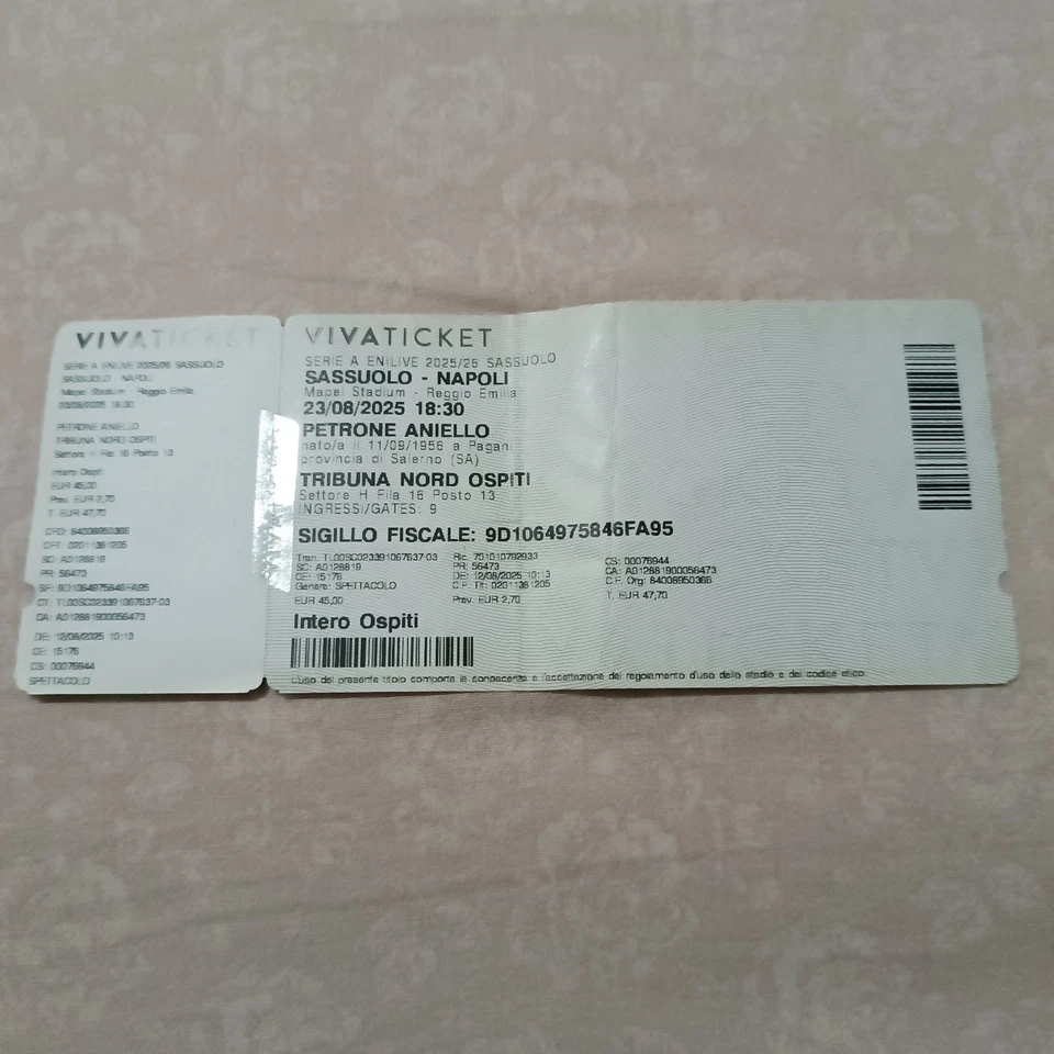 BIGLIETTO " SASSUOLO -NAPOLI " - 23/08/2025 - TRIBUNA NORD OSPITI - USATO - - Immagine 1 di 1