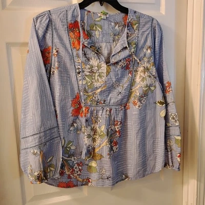 Johnny Was Women's Blue Floral Top Size S Tie Neck Tassels Balloon Sleeve - Image 1 of 4