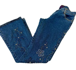 Jeans donna Willi Smith taglia 4 impreziosito vita bassa svasato paillettes floreale Y2K - Foto 1 di 16