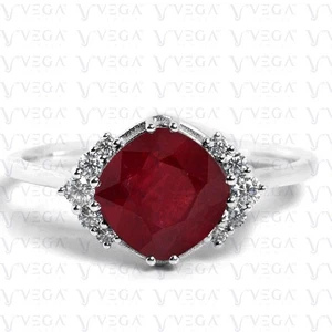4.40 Carat Cushion Cut Natural Ruby and Diamond Women Ring 18K White Gold Plated - Picture 1 of 15