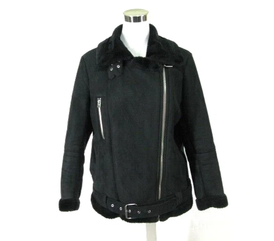 Abrigo Top Shop Talla 8 Moto Motociclista Negro Imitación Gamuza Chaqueta Forro y Borde de Piel Sintética Foto 1 de 4