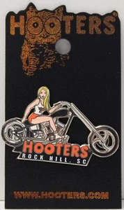 ROCK HILL,SC HOOTERS BLONDE GIRL ON A BLACK MOTORCYCLE BIKE PIN SOUTH CAROLINA - Picture 1 of 3