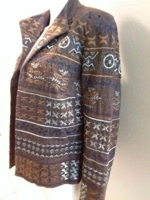 Chaqueta Blazer Coldwater Creek Marrón Bordada Cuentas Tribal Talla 14 Forrada Foto 1 de 4