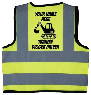 Personalised Trainee Digger Driver Children Kids Baby Hi Vis Jacket Vest Builder
