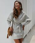 Ladies Knitted Rib Belted Wrap Sweater Mini Jumper Dress Size 8-14 Uk NEW Grey