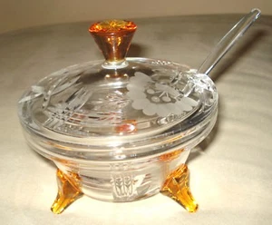 Lidded Crystal Clear Bowl Engraved Flowers Ambar Footed and Finial with Spoon - Picture 1 of 12