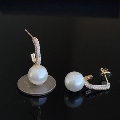 Yellow Gold Plate Silver 12mm White Seashell Pearl CZ Dangle/Drop Stud Earrings - Image 1 of 4