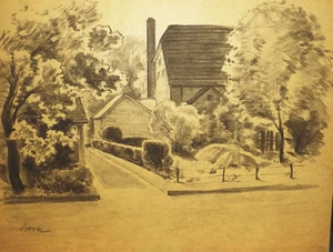 Constantin Astori Signed  Charcoal Drawing Scenic House with Trees & Driveway - Picture 1 of 3