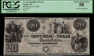 1839-41 $20 Obsolete - Austin, Texas - Republic of Texas - Graded PCGS 58 - Picture 1 of 2