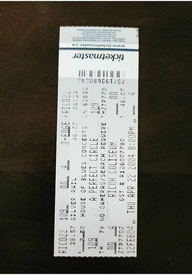 A Perfect Circle 2004 Ricoh Coliseum Toronto Original Concert Ticket Stub - Image 1 of 2