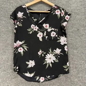 Pink Rose Blouse Women S Small Black Floral V-Neck Short Sleeve Hook & Eye - Picture 1 of 7