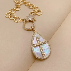 Natural White Sea Shell Cz Pave Crucifix Pendant Gold Plated Chain Necklace - Picture 1 of 6