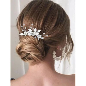 Pearl Bridal Wedding Hair Pins Silver Rhinestone Hair Clips Leaf Hair Piece B... - Picture 1 of 7