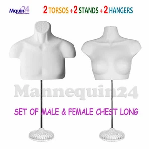 Male & Female Mannequin Torso Dress Forms White w/ 2 Stands +2 Hooks for Hanging - Picture 1 of 4