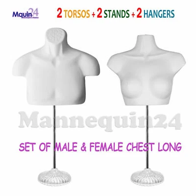 Male & Female Mannequin Torso Dress Forms White w/ 2 Stands +2 Hooks for Hanging - Image 1 of 4
