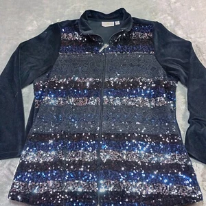 Quacker Factory Velour Sequin Jacket Sz L Black Embellished Full Zip Grandma - Picture 1 of 14