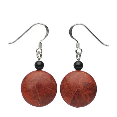 Orecchini Pendenti Corallo Cerchio 18mm & Onice 925 Argento,Piatto Marrone-Rosso - Immagine 1 di 3