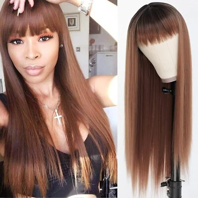 Pelucas largas rectas marrones Ombre T30 flequillo completo peluca sintética resistente al calor para mujer Foto 1 de 4