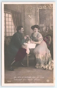 Postcard RPPC French Soldier & Sweetheart Holding Hands Studio WWI 1909 Tinted - Picture 1 of 2