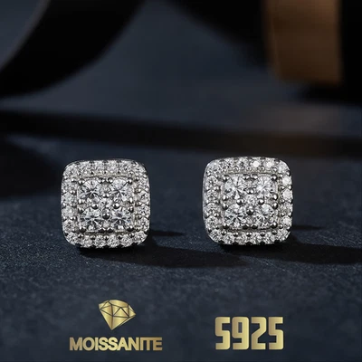 Real Moissanite Square Halo Stud Earrings 925 Silver Hip Hop Mens Ladies Iced - Image 1 of 4