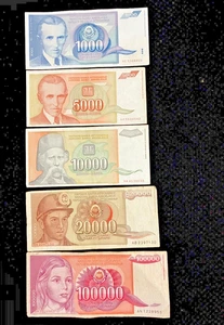 Yugoslavia Dinara 1987-1993 Banknote Foreign Currency World Paper Money-Lot of 5 - Picture 1 of 2