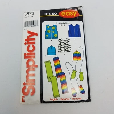 Simplicity Hats Vest Scarf Mittens Sewing Pattern 5873 Children Kids 3 4 5 6 7 8 - Image 1 of 4