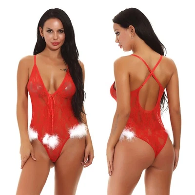 Body de Navidad talla grande para mujer Lencería sexy Encaje Malla Camisón Prendas para dormir Foto 1 de 4