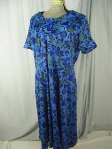 Vtg 60s Blue Green Floral Nylon Knitted Bow Dress-Bust 46/M-L, AS-IS - Picture 1 of 13