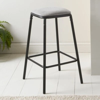 Black Metal Barstool With Grey Cord Fabric Cushion High Stool for Dining Kitchen - Image 1 of 4
