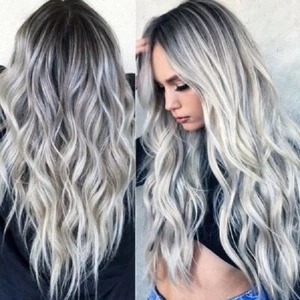 Perücke UK Damen Ombre Silber Lang Lockig Perücken Damen Natur Welliges Haar Cosplay - Bild 1 von 6