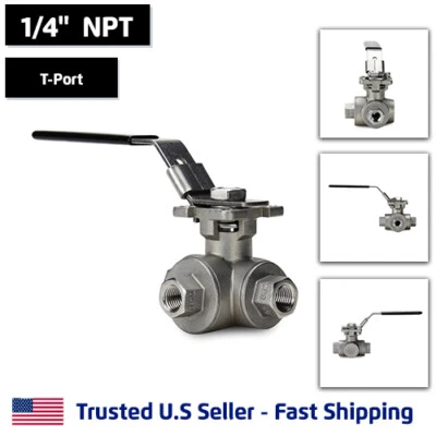 1/4" 3-Way T-Port Ball Valve, Stainless Steel, NPT Threaded, 1000PSI - Image 1 of 4