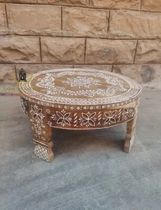 Wooden Coffee Table Hand Made Craved Round Indian Grinder Table Chakki Table Art - Picture 1 of 8