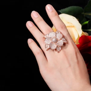 CWWZircons Luxus Blume Blatt Micro Pave CZ groß Rosegold Braut Ring Schmuck - Bild 1 von 15