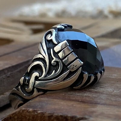 Joyería islámica de lujo espada Zulfiqar circón negro 925 anillo de plata esterlina para hombre Foto 1 de 4
