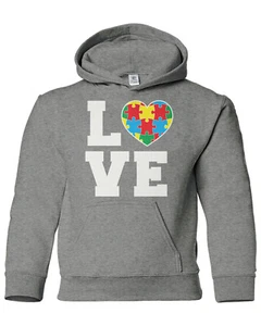 Autism Awareness Love Puzzle Heart Youth Hoodie Sweatshirt Support - Picture 1 of 10