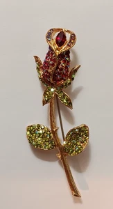 Signierte Tara Brosche rot & grün Strass langer Stiel Rosenknospe Blume 3" - Bild 1 von 6