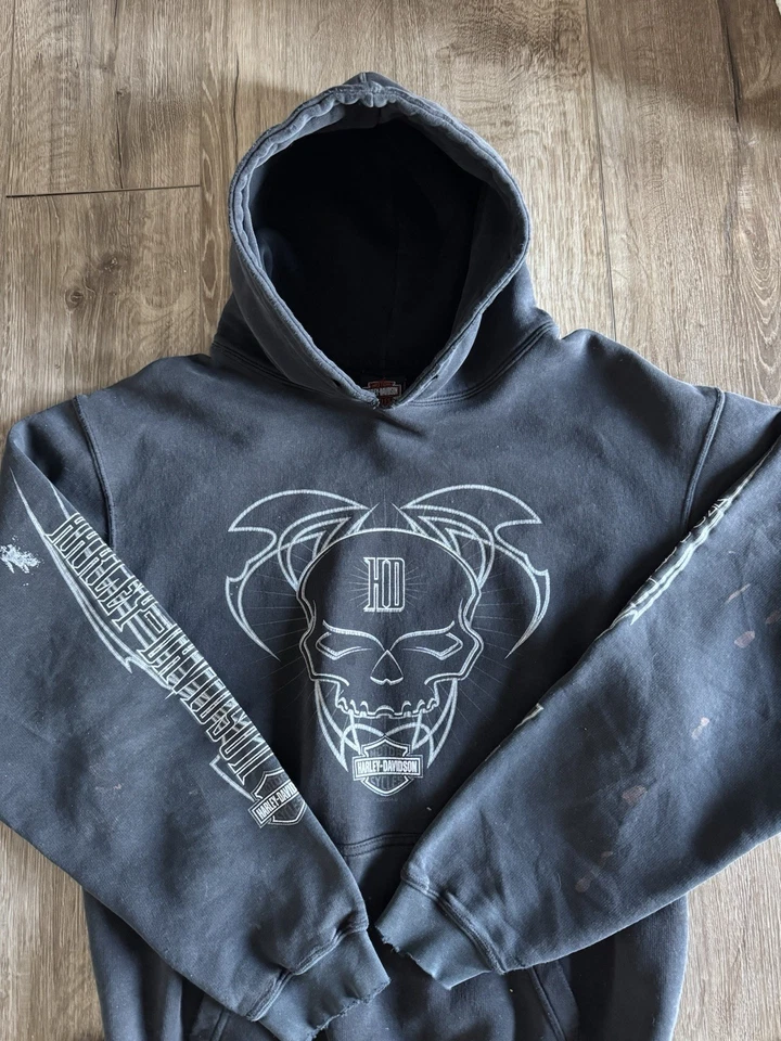 Sudadera con Capucha Harley Davidson Distressed Años 90 00 Calavera Negra Llamas Desteñidas Foto 1 de 4