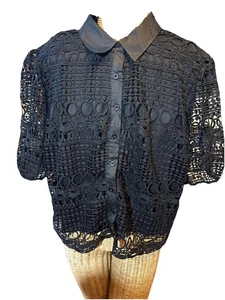BY Design 3X Women's Button Down Top – Black, Lined Crochet With Short Sleeve - Picture 1 of 8