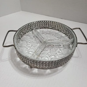 Vintage versilberter runder Servierer mit geschliffenem Glaseinsatz Griffe Fächer - Bild 1 von 7