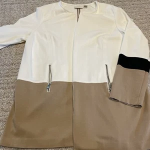 Chico's Off White Camel Black Open Front Long Jacket Sweater Size 2 / Medium - Picture 1 of 7
