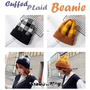 Damen Herren Winter Thermo Isoliert Strick Beanie Mütze Schachbrett Ski Bündchen Mütze - Bild 1 von 18