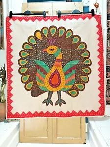 HANDGEMACHTER RECYCELTER STOFF PFAU GOBELIN WANDBEHANG - 99cm x 95cm - Bild 1 von 14