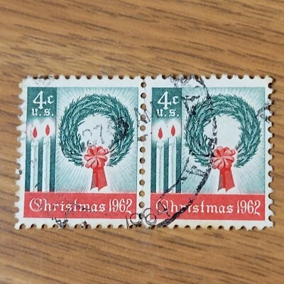 The First U.S. Christmas Stamp Scott #1205 Christmas 1962 Blk of 2 Canceled - Image 1 of 2