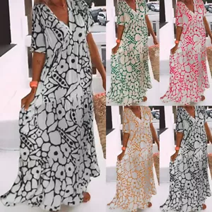 Womens Printed Pullover V-Neck Short Sleeve Straight Maxi Long Dress Beach Dress - Picture 1 of 20