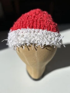 NEW Handmade Knitted Red W/White Trim Wool Beanie Winter Hat - Picture 1 of 4