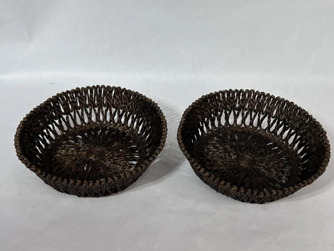 Vintage 2 Woven Wicker Round Baskets Bowl Boho Farmhouse Rustic Brown Hemp Cover