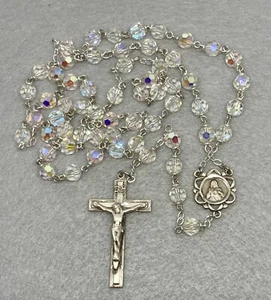 Vtg Chapel Rosary Beads Sterling Silver 925 Cross Crucifix Aurora Borealis Glass - Picture 1 of 6