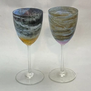 Vintage 70s Steven Maslach Signed Hand Blown Volcano Earth Wine Glasses 8" Swirl - Picture 1 of 7